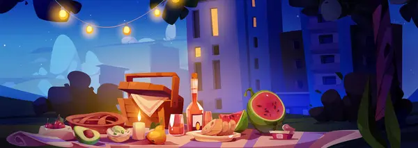 Пикник Ночном Городском Парке Векторная Карикатура Аппетитные Фрукты Сыр Бутылка — стоковый вектор