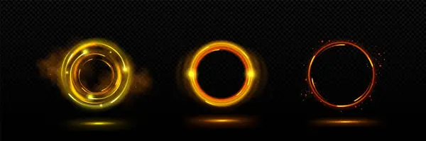 Zlatý Kruhový Portál Magickým Světlem Jiskrou Neonové Světlice Kulaté Rám — Stockový vektor