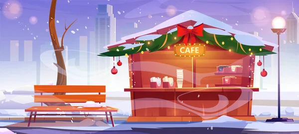 Уличное Кафе Городском Общественном Парке Рождественскими Украшениями Карикатура Зимний Рождественский — стоковый вектор