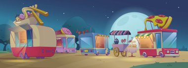 Gece festivali temsilciliğindeki sokak yemekleri kamyonu. Hamburger, pizza ve araba satıcısı çizgi film geçmişi olan şehir parkı. Dolunayda fast food otomobil otobüsü. Asya mutfağı tabela tasarımı