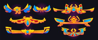 Mısır oyun hazine tasarımı seti siyah arka planda izole edildi. Bokböceği, göz işareti, kanat ve değerli taşlar, antik firavun mezar elementleriyle süslenmiş Altın Ui 'nin vektör çizimi.