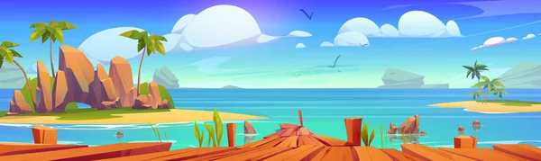 Velho Cais Madeira Praia Ensolarada Desenho Animado Vetor Ilustração Bela — Vetor de Stock