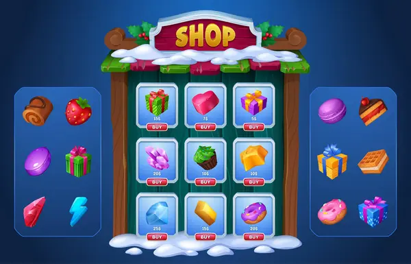 Winter Christmas Game Shop Cadre Signe Bois Avec Bouton Pour — Image vectorielle