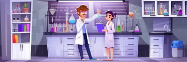 Araştırma laboratuarında karikatür geçmişi olan kadın ve erkek bilim adamı. Kimya ekipmanları ve biyolog keşif yenilik mühendisliği ile bilim laboratuarı içi. Camların yanında teknisyen var.
