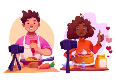 Kadın ve erkek sanal aşçılık sınıfı atölyesinde. Cep telefonuyla çevrimiçi video aşçılık dersi için ev mutfağındaki kız. Rekor derste sağlıklı yemek ya da fırın hazırlayan gençler.