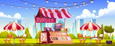 Summer City Park 'taki açık hava burger tezgahı. Mönüsü, fırını, sandalyesi, şemsiyesi altındaki masaları, çelengi, şehir manzarası arka planı, bulutlu mavi gökyüzü olan fast food dükkanının vektör çizimi