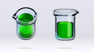 Kimya laboratuarı cam deney şişesi test için. Yeşil sıvı kimyager ikonlu 3d izole vektör laboratuvar tüpü. Sıvı reaksiyon dizaynlı tıbbi eczane gerçekçi silindir.