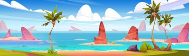 Kumlu ve palmiye ağaçlı deniz ya da okyanus plajı, kayalı sakin su ve bulutlu mavi gökyüzü. Tatil konsepti için kıyısı olan tropikal yaz manzaralı çizgi film vektörü. Kıyı şeridinin güneş ışığı manzarası.
