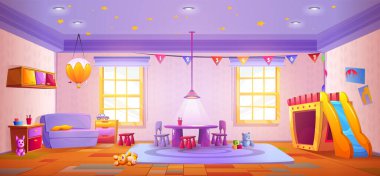 Anaokulunun içi masa, sandalye, çocuk kaydırağıyla ve oyuncaklarla dolu. Anaokulu eğitiminin çizgi film çizimi ve pencereli ve mobilyalı oyun odası. Okul öncesi montessori çalışması.