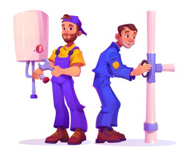 Professional plumbers in uniform install boiler. Male worker with wrench adjusts water heater, and second technician turns crane on pipe. Cartoon vector illustration of maintenance and repair services clipart