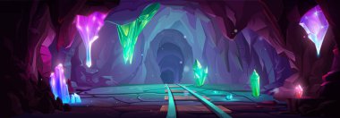 Mine cave with crystal cartoon game background. Underground tunnel entrance inside mountain coal shaft with railway illustration. Fantasy and mysterious dark corridor scene with stalagmite glow clipart