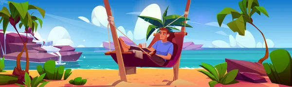 Homem Relaxar Rede Praia Férias Vetor Ilustração Personagem Masculino Jovem — Vetor de Stock