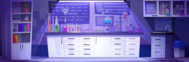 Gece kimya laboratuvarı ekipmanlarla dolu. Mobilya ve aletlerle dolu koyu renk laboratuvar odasının vektör çizimi mataralarda renkli sıvılar test tüpleri, deney şişeleri, koruyucu bardaklar.