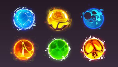 Siyah arka planda izole edilmiş sihirli enerji topları. Mavi buzla parlayan yabancı gezegenlerin vektör karikatür çizimi, zehirli yeşil renk, turuncu lav, falcı kristaller, uzay oyunu seviyeleri