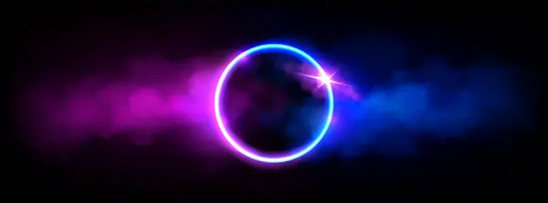 霓虹灯光环框架与云彩或烟雾和闪烁 在暗色背景下 具有明亮的粉红色和蓝色雾化效果的引导光圈的真实感矢量 带有迷雾的魔法或未来派游戏门户 — 图库矢量图片