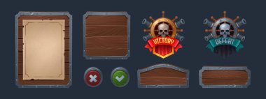 Arka planda izole edilmiş Korsan macera oyunu unsurları. Demir çerçeveli ahşap panoların vektör karikatür çizimi, menü arka planı, boş eski kağıt tabaka, zafer ve yenilgi rozetleri, isim plakaları