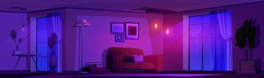 Karanlık gece evde oturma odası, iç mekan çizgi film geçmişi. Masası, koltuğu ve pembe lambası olan bir ev köşesi. 2D panoramik modern konforlu dinlenme odası. Gece vakti ay ışığı alan..
