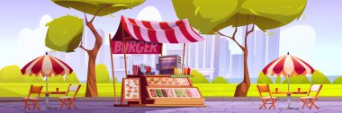 Şehir parkındaki karikatür arka planında hamburger olan sokak yemekleri fuarı marketi. Masanın yanındaki açık hava dükkânı ve atıştırmak için sandalye. Şehir dışındaki gökdelen manzaralı bir yerde tüccar standı satıcısı.
