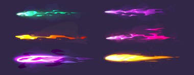 Siyah arka planda izole edilmiş lazer silah atış izleri. Ateş ve duman efektli neon ışınlarının vektör çizimi, füze saldırısı, uzay patlaması, sihirli enerji patlaması