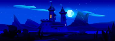 Gece ortaçağ şatosu nehir kenarında. Peri masalı krallığının vektör çizimi, taş kulede sarı ışığı olan eski kraliyet sarayı, yıldızlı gökyüzünde parlayan ay, göl etrafında kayalık manzara.