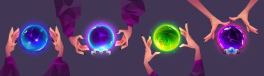 Magic glass crystal ball and hand for telling future fortune. Predict sphere for divination cartoon paranormal icon set. Witch prediction globe float spirit. Mystic gypsy prophet charm glow element clipart