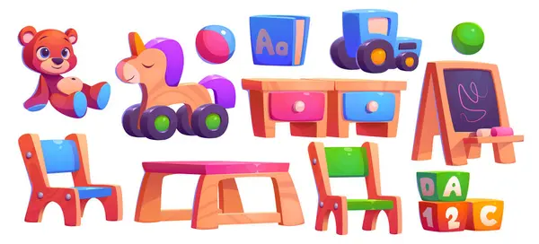Kindergarten Classroom Interior Furniture Equipment Kids Education Play Activity Table — Stock Vector