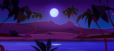 Çöl nehri ile gece manzarası. Göl suyunun yanında egzotik palmiye ağacı siluetleri, ufukta kum tepeleri, dolunay, karanlık gökyüzünde parlayan yıldızlar, doğal arka plan.
