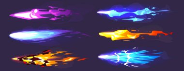 Oyun buzu ve şimşek vfx karikatür efektini vuruyor. Ateşli çizgi roman ışını. Enerji patlaması güç elementi, fantezi dövüşü için uzaylı silahı patlama ışını. 2D izole edilmiş kozmik askeri iz yapısı