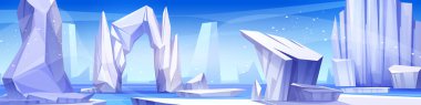 Kuzey kutup buzulu buzdağı karikatür vektör arkaplanı. Antarktika buzu ve kar manzarası çizimi. Kışın dondurucu deniz suyu. Grönland ya da Alaska buzlu arazi manzarası