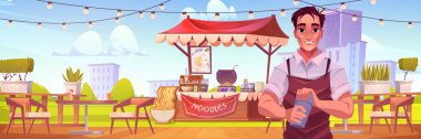 Açık pazarda sokak restoranı yemekleri ve insan satıcı karikatür arka plan sahnesi. Festival Hawker karakteri, yerel Asyalı erişte dükkanının yanında masa ve sandalyeli. 2D kafeterya terası.