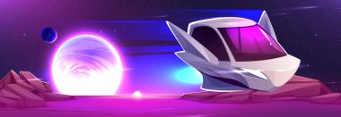 Kayalık uzaylı yüzeyinde uçan bir uzay gemisi. Gezegenli uzay manzarasının vektör çizimi, karanlık gece gökyüzündeki yıldızlar, kozmosta yüksek hızda hareket eden fütüristik mekik, bilimsel görev