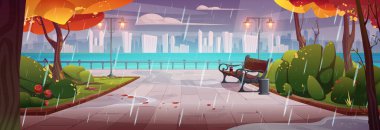 Nehir kenarındaki parkta bankta sonbahar gezintisine yağan yağmur. Ağaçlarda sarı yapraklar, yolda su birikintileri, ufukta modern şehir manzarası bulutlu gökyüzü ile kasvetli halk bahçesinin vektör çizimi