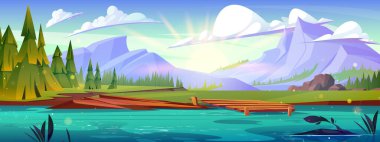 Dağ Gölü, orman doğa manzarası vektörü. Yaz nehri suyu ve çam ağacı yeşili resimleme. Macera Vadisi 'ndeki güzel Alpler keşfedilecek ve gözden kaçırılacak deniz kıyısına sahip..