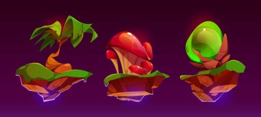 Rock karikatür setinde fantezi oyunu adasında uçmak. Palmiye ağacı, mantar ve 2d izole edilmiş bitki içeren yüzen arazi platformu. dünya arayüzü klipsi tropikal ortam parıltı elementi