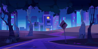 Çizgi film oyun manzarası için Night City caddesi yolu. Karanlık şehir silüeti ve 2D otoyol perspektifi. Ufukta şehir merkezindeki yarış pistini dönüyor ve tabela manzaralı yaz konsepti afişini çeviriyor.