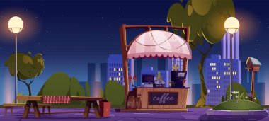 Sokak parkı verandasındaki açık kafe kabini masa karikatür çizimi illüstrasyonunun yanında. Kahve satıcısıyla gece pazarı. Festivalde kimse yoktu. Kasabanın kaldırımında bir pazar yeri var.