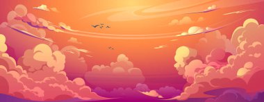 Sunset anime bulut vektör karikatür sahne arka planı. Yaz bulutlu hava tasarımı. Güzel pembe, turuncu ve mor panorama duvar kağıdı. Yumuşak romantik ufuk çizimi