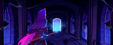 Eski karanlık kalede mızraklı ortaçağ kostümlü bir adam mı yoksa taş duvarlı ve kapısı parlak gizemli mavi neon kapılı bir zindan mı? Çizgi film vektör savaşçısı ve ürkütücü koridorda sihirli kapı..