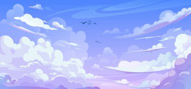 Anime tarzı bulutlu gökyüzü arkaplanı. Pembe, açık mavi renkte güzel gökyüzü bulutlarının vektör çizimi, kuşlar yüksek uçuyor, bulutlu yaz günü, gün doğumu veya günbatımı tasarımı