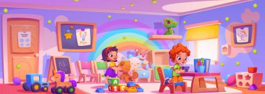 Anaokulunda oynayan çocuklar. Çocuk yuvasında eğlenen mutlu erkek ve kızın vektör karikatür çizimi, ahşap mobilyalar, resimler, kitaplar ve renkli oyuncaklar, erken eğitim