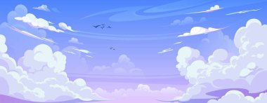 Anime kıvrımlı bulutlu gökyüzü. Güneşli yaz gününün karikatür vektör çizimi bulutlu cennet arkaplanı mavi ve pembe eğimli. Açık havada panoramik hava manzarası.