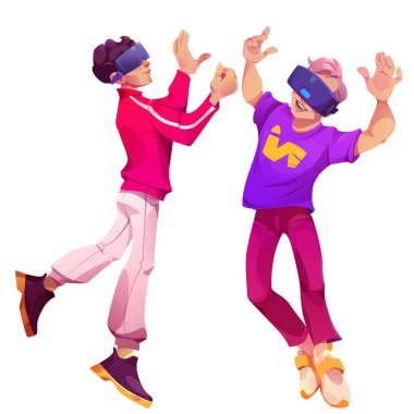 Metaverse oyun p2e vr kavramı ve arka planda izole edilmiş insan karakteri. Video oyunu için sanal gerçeklik çizgi film fütüristik tırmanış konsepti. Gençler internette dans edip gözlük takıyor.