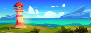 Deniz kıyısındaki deniz feneri manzara vektör çizimi. Deniz manzaralı ve deniz manzaralı sahil şeridi. Yeşil çimenler, mavi gökyüzü ve su manzaralı huzurlu bir çevrede seyir feneri inşa ediliyor.