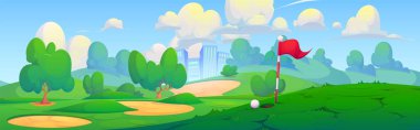 Şehir planına karşı güneşli bir golf sahası. Yeşil ağaçlar ve çimenler, şehir binaları, mavi gökyüzündeki bulutlar, spor aktiviteleri, deliğin yanındaki bayrak ve topun oluşturduğu alan manzarasının vektör çizimi