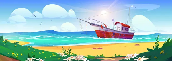 Verão Paisagem Costeira Mar Com Barco Pesca Flutuando Ondas Desenhos — Vetor de Stock