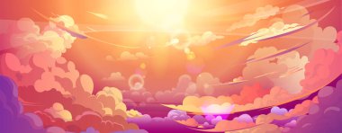 Anime pofuduk bulutlarla gün batımı ya da gün doğumu gökyüzü. Pembe ve sarı renkli renkli bulutlu cennetin karikatür arka planında güneş parlıyor. Eğri puslu romantik hava panoramik manzarası.