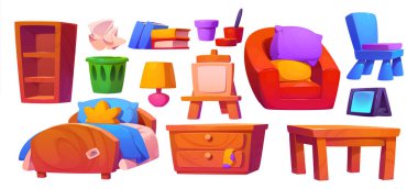 Tavan arası çocuk mobilyaları beyaz arka planda izole edilmiş. Ahşap yatak, çekmece, masa, sandalye, minderli koltuk, kitaplık, sehpa, boya, lamba, atık kutusu, tablet vektör çizimi