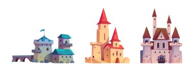 Medieval castle icon vector cartoon kingdom set. Ancient fairytale fort and fantasy building architecture exterior. Isolated citadel collection design with flag. Princess tower drawing illustration clipart