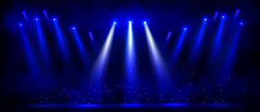 Mavi spot ışıkları sahnede parlıyor. Sahne performansı, müzik konseri, sirk gösterisi sırasında yerde ve havada parıldayan parlak lambaların gerçekçi temsili.