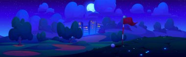Gece çimeni golf sahası çizgi film arka plan vektörü. Sahası, kumu, bayrağı ve topu olan karanlık bir park. Gökyüzünde parlayan dolunay, şehir manzaralı yıldızlar. Açık hava kulübü bahçe çevresi kavramı.